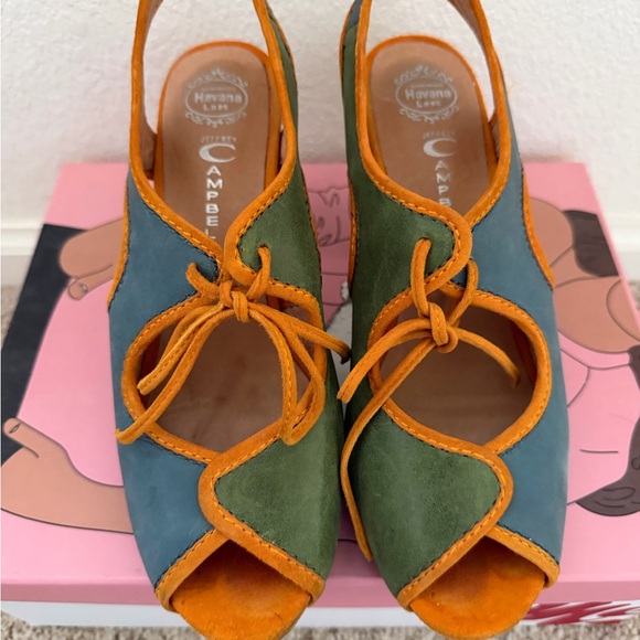 Jeffrey Campbell Shoes - Jeffrey Campbell Green & Teal Suede Peep-Toe Slingbacks with Orange Trim